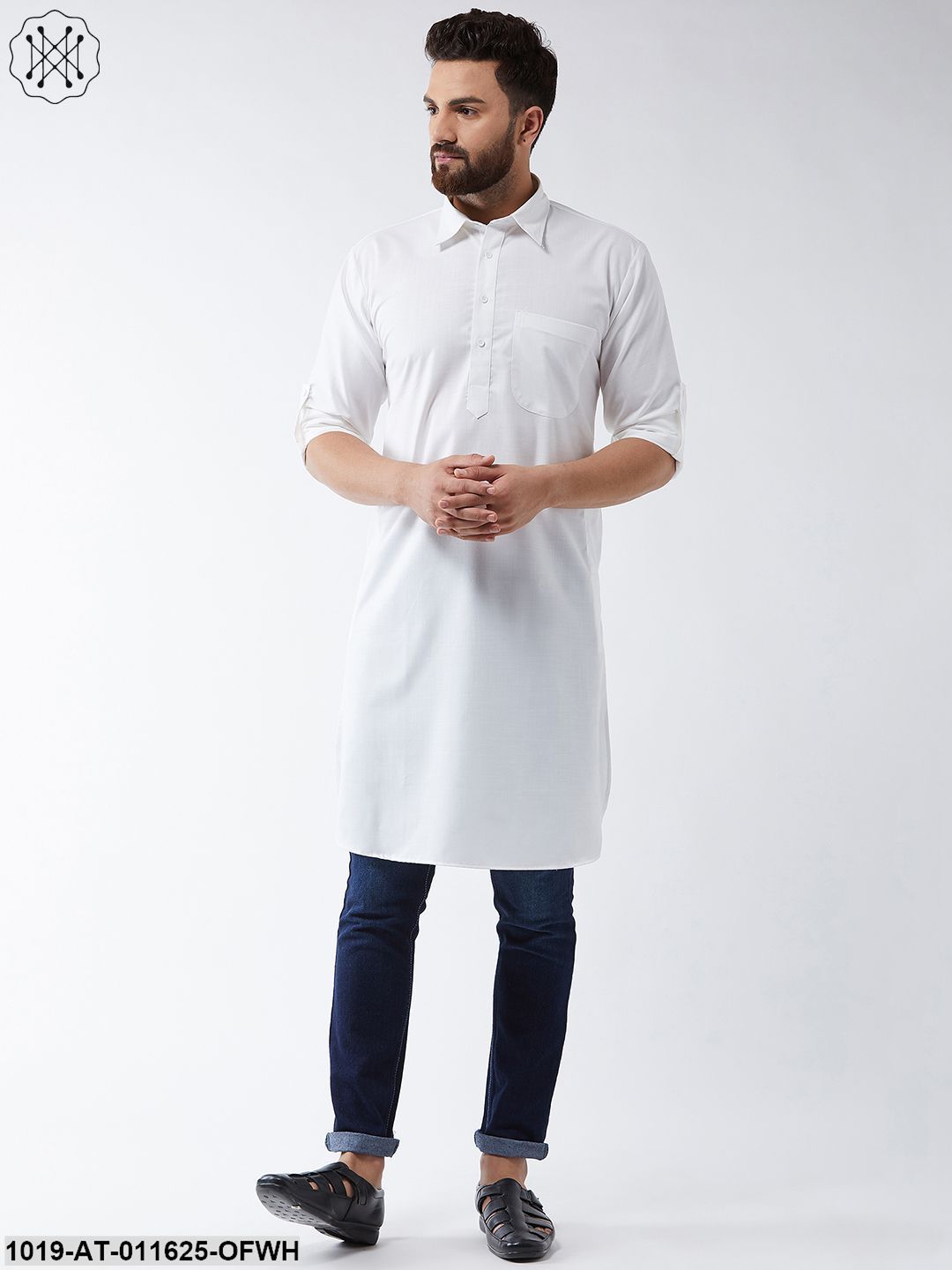 Men's Cotton Off White Solid Pathani Only Long Kurta
