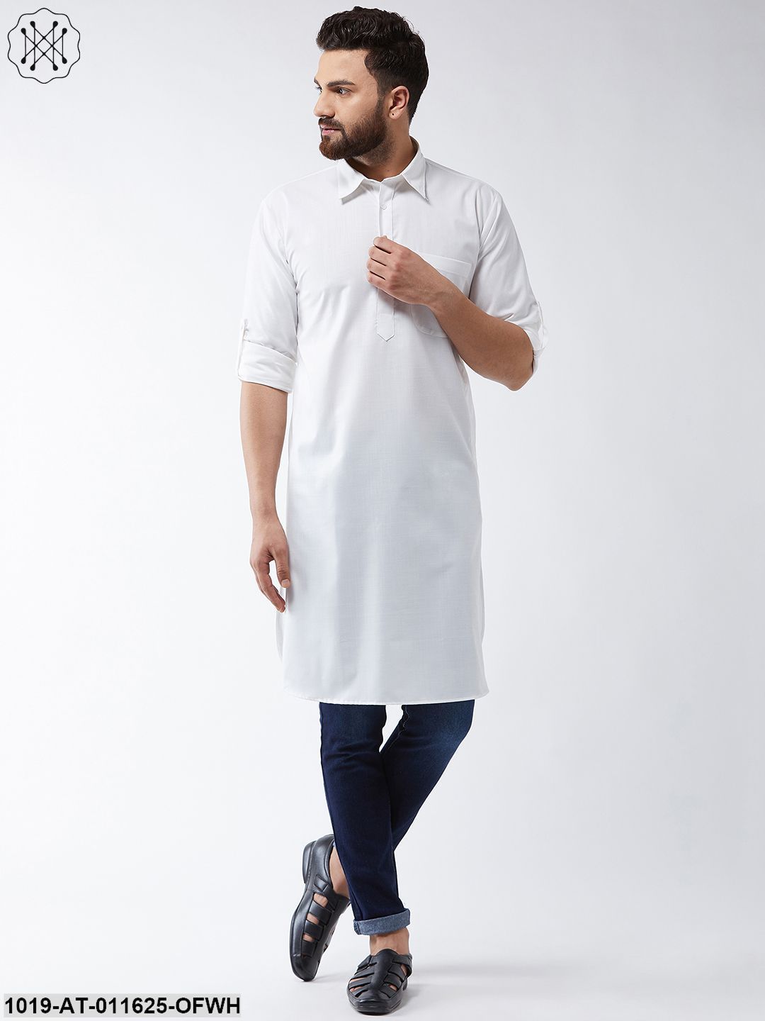 Men's Cotton Off White Solid Pathani Only Long Kurta