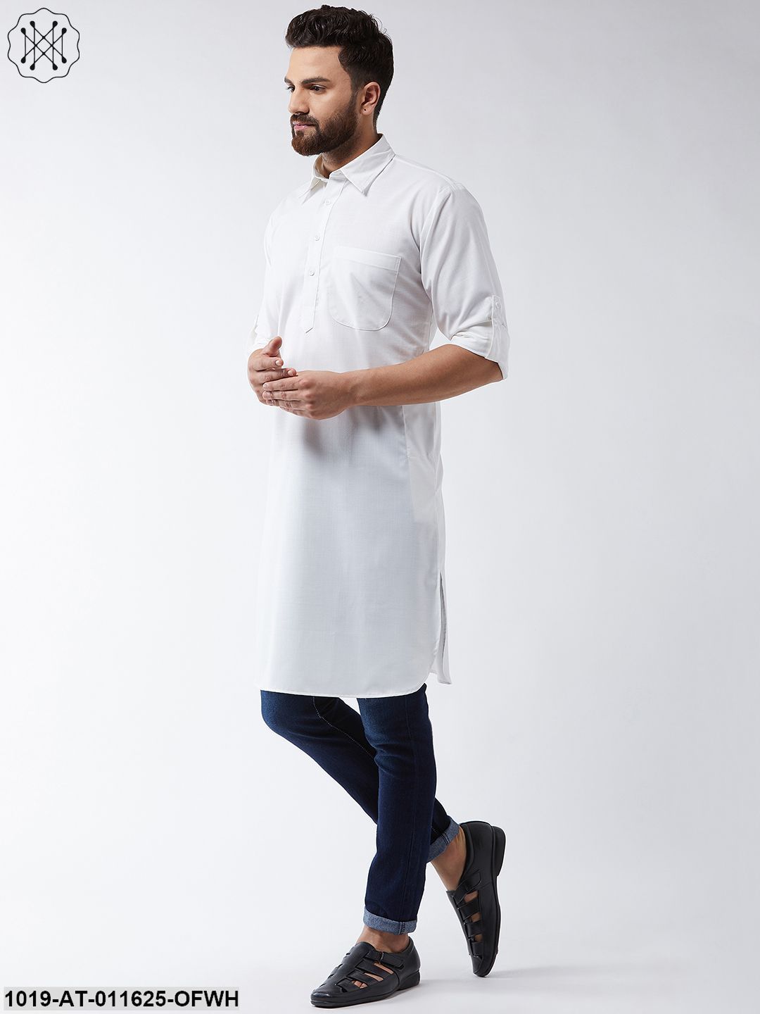 Men's Cotton Off White Solid Pathani Only Long Kurta