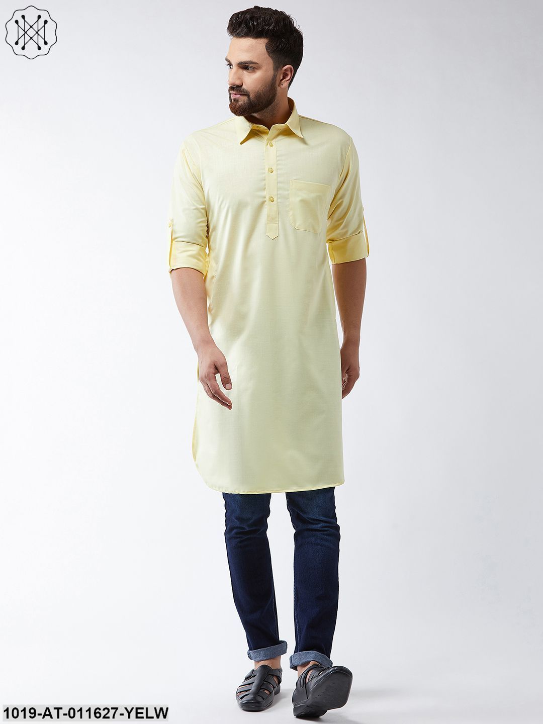 Men's Cotton Lemon Yellow Solid Pathani Only Long Kurta