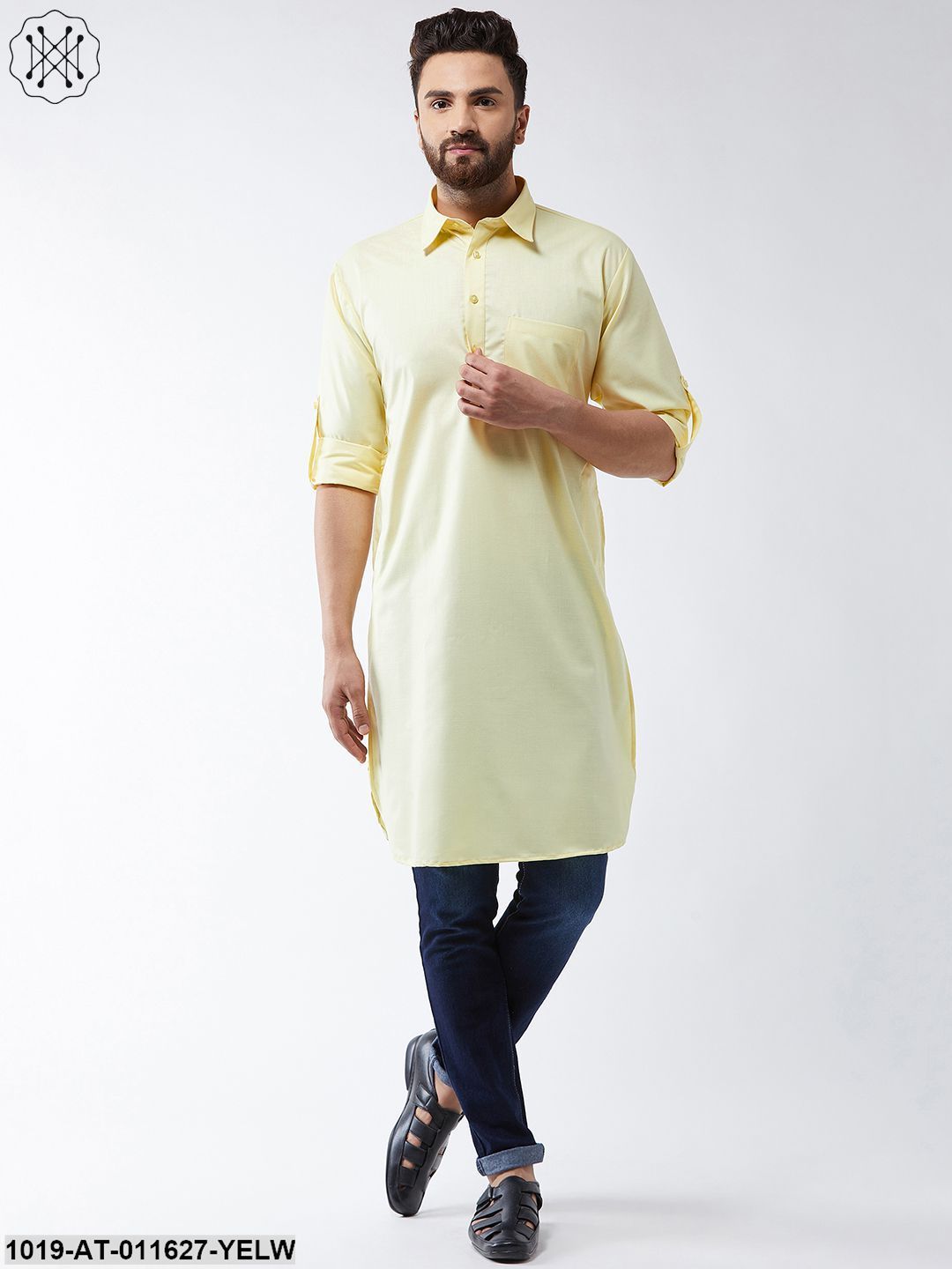 Men's Cotton Lemon Yellow Solid Pathani Only Long Kurta