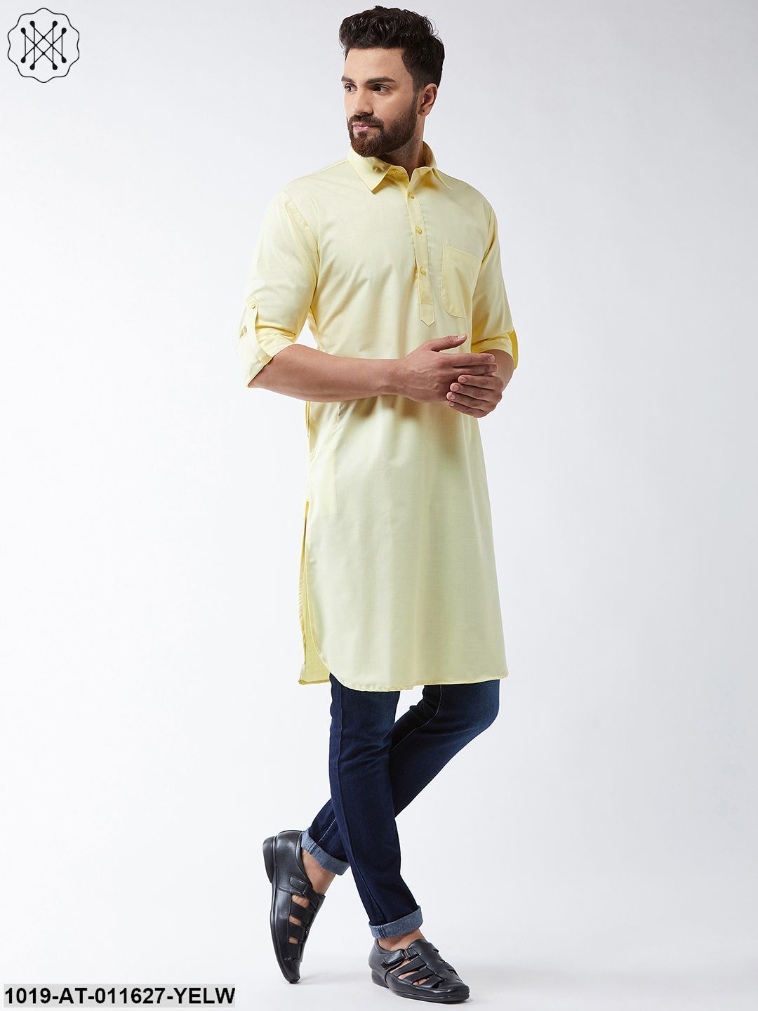 Men's Cotton Lemon Yellow Solid Pathani Only Long Kurta