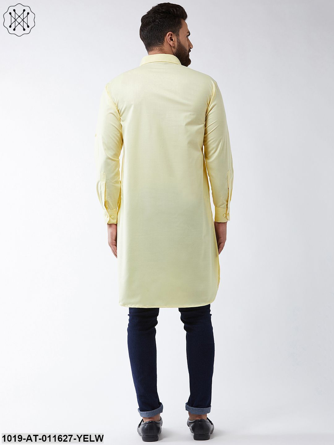Men's Cotton Lemon Yellow Solid Pathani Only Long Kurta