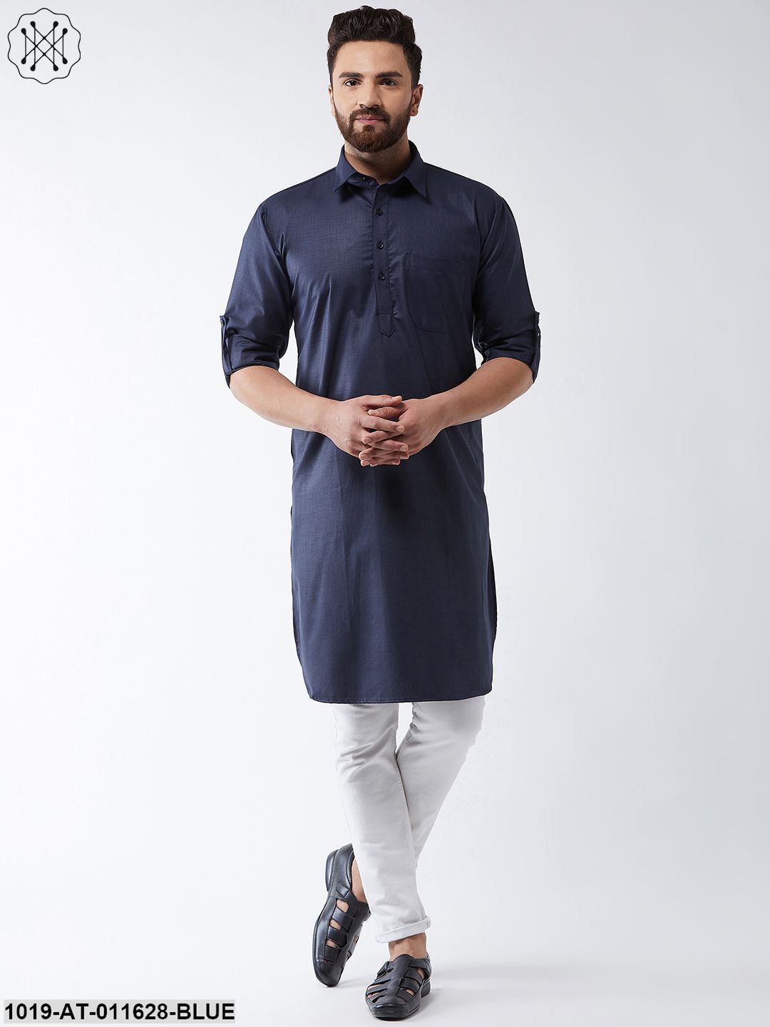 Men's Cotton Navy Blue Solid Pathani Only Long Kurta