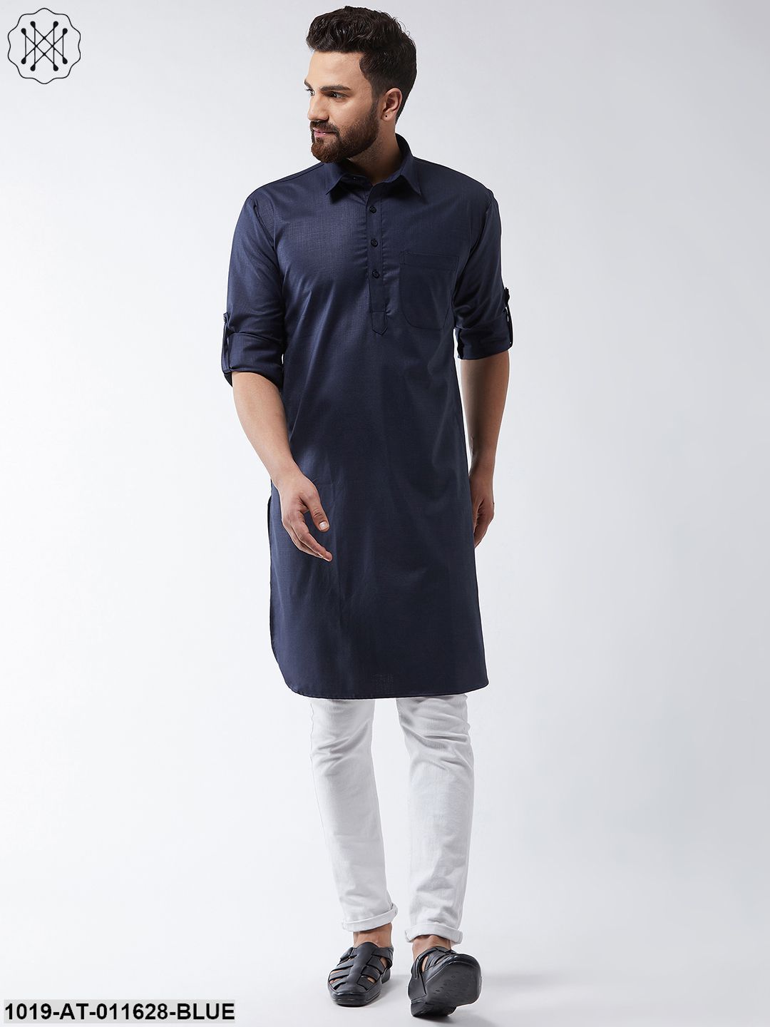 Men's Cotton Navy Blue Solid Pathani Only Long Kurta