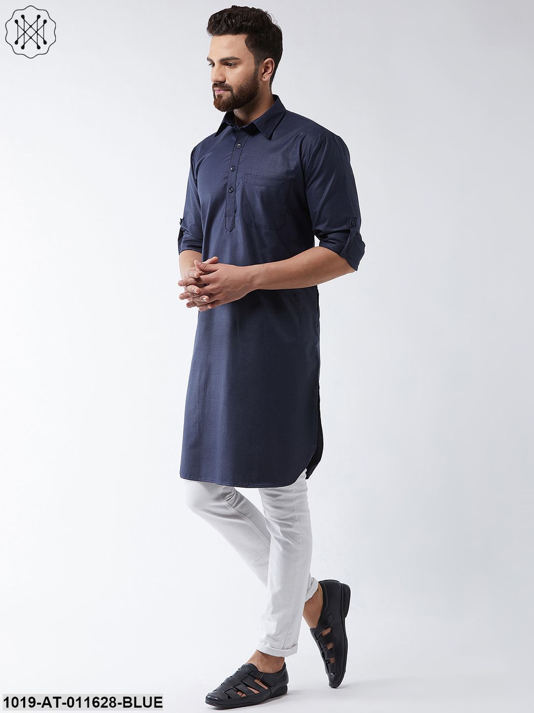 Men's Cotton Navy Blue Solid Pathani Only Long Kurta