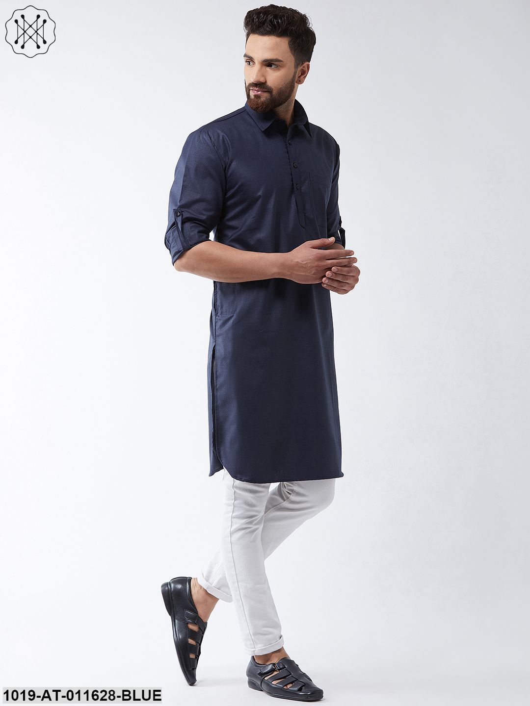 Men's Cotton Navy Blue Solid Pathani Only Long Kurta