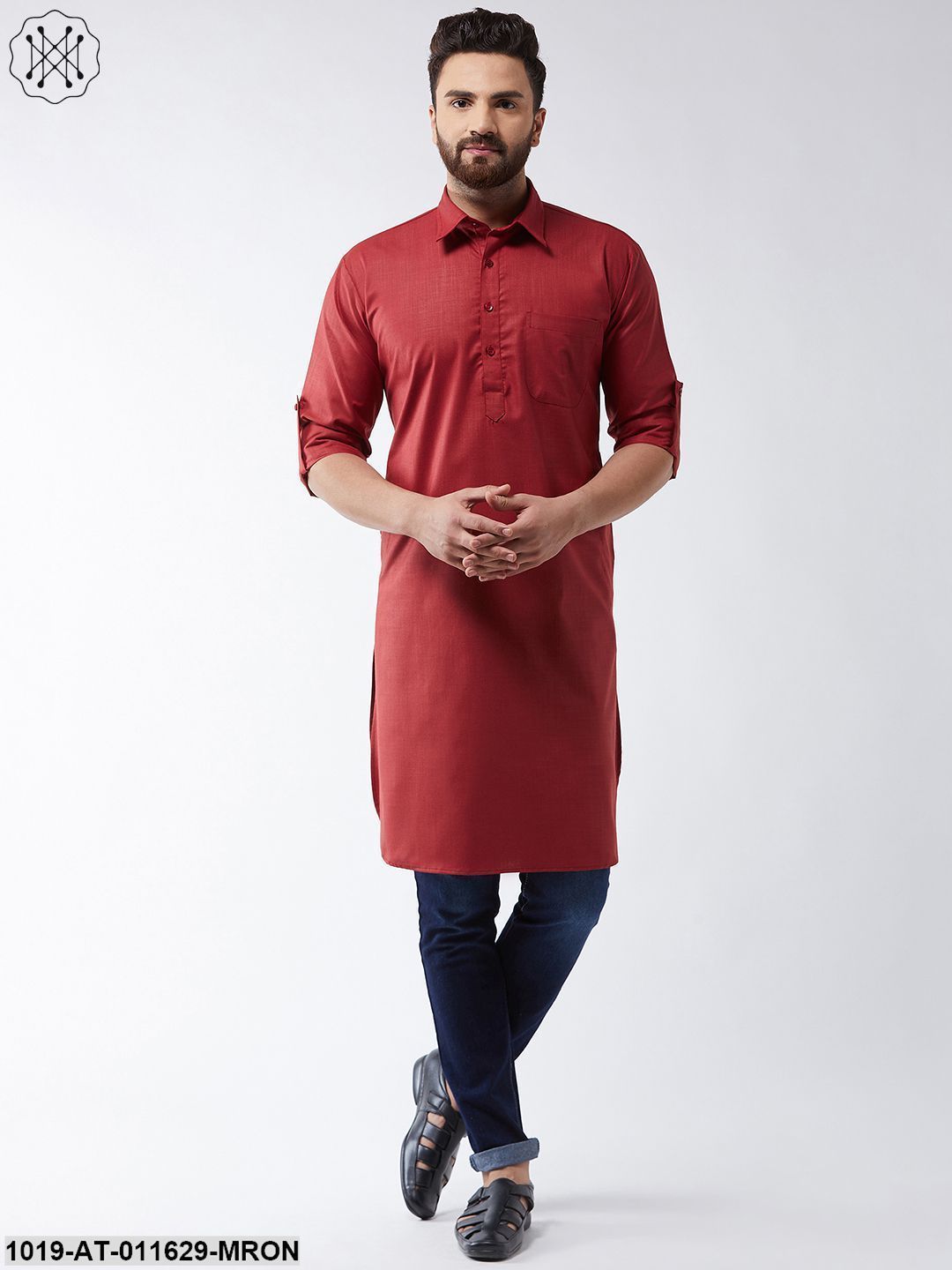 Men's Cotton Maroon Solid Pathani Only Long Kurta