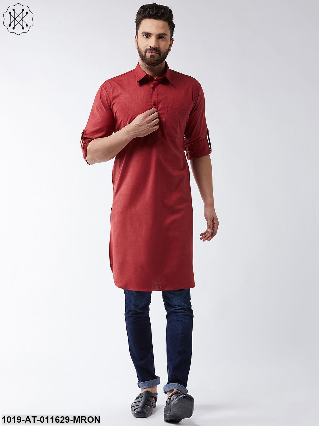 Men's Cotton Maroon Solid Pathani Only Long Kurta