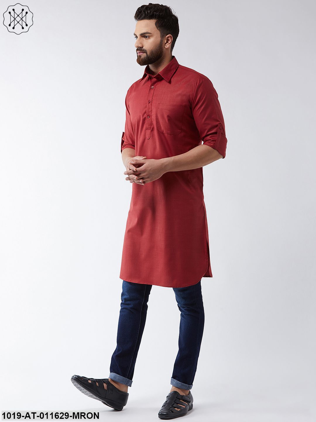 Men's Cotton Maroon Solid Pathani Only Long Kurta
