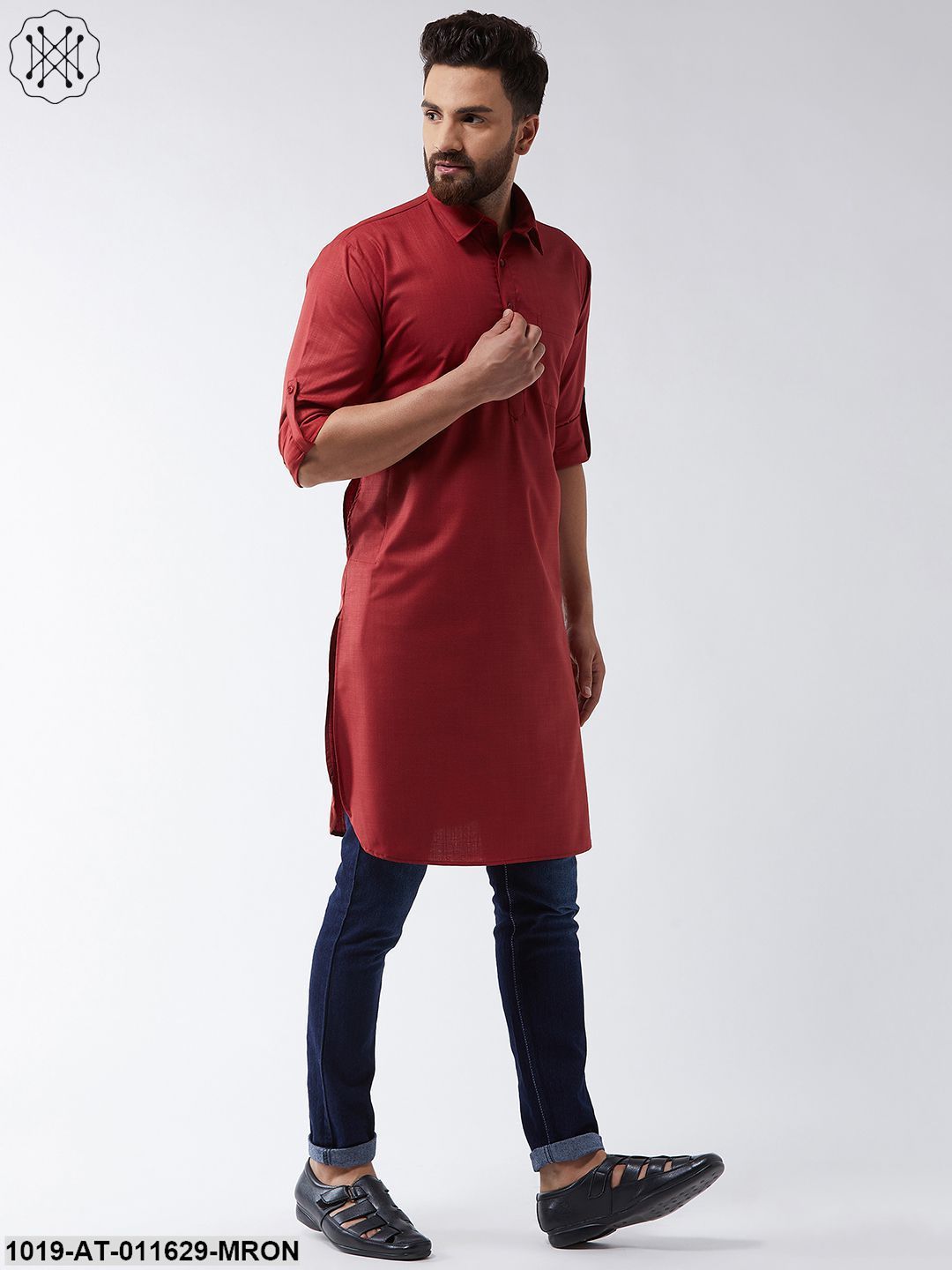Men's Cotton Maroon Solid Pathani Only Long Kurta
