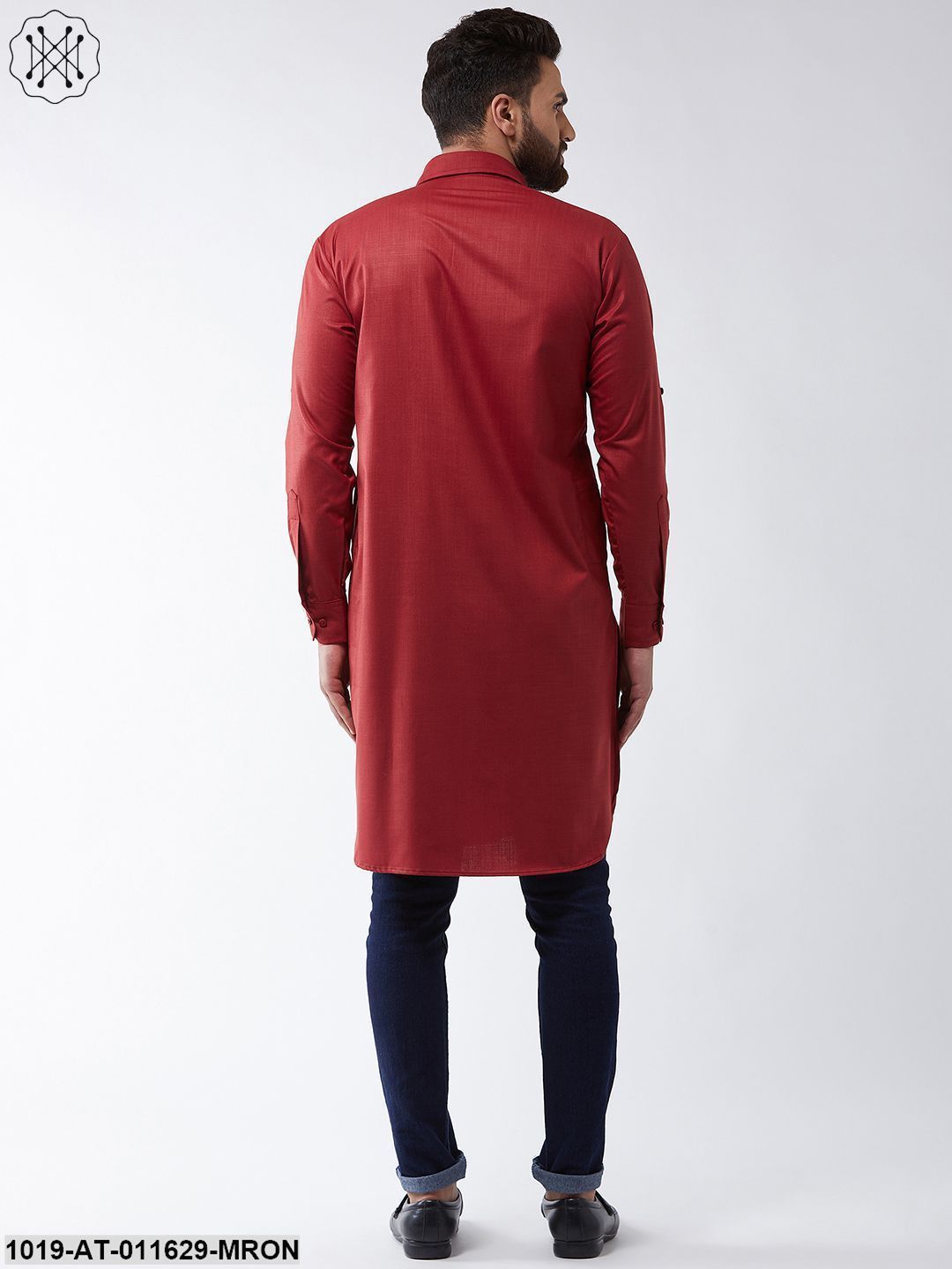 Men's Cotton Maroon Solid Pathani Only Long Kurta