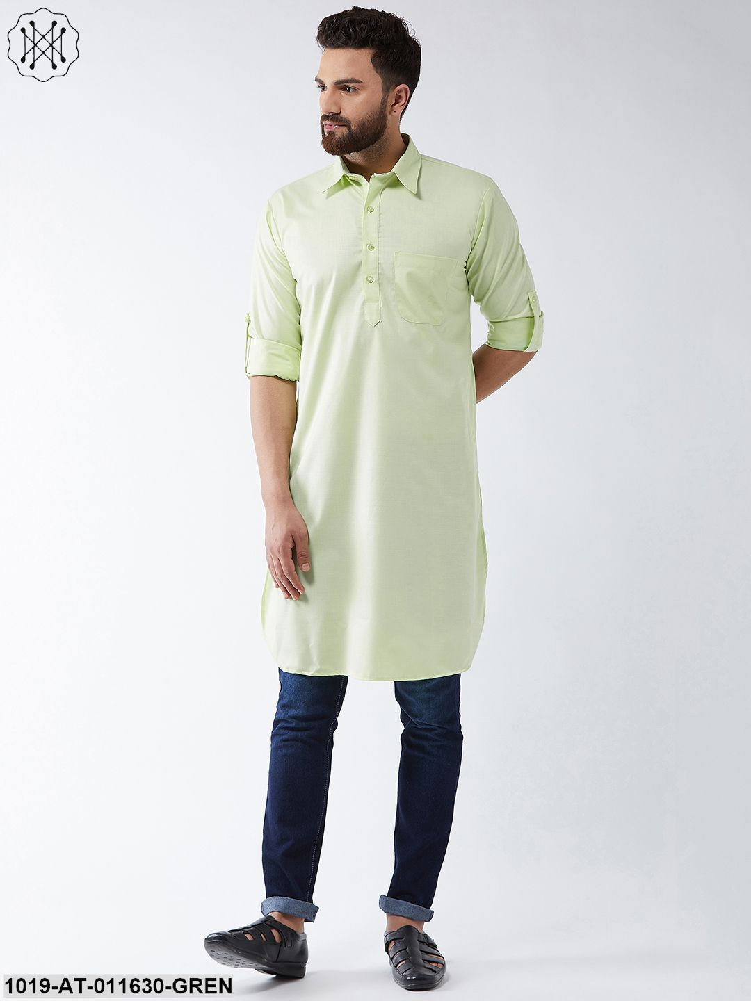 Men's Cotton Light Green Solid Pathani Only Long Kurta