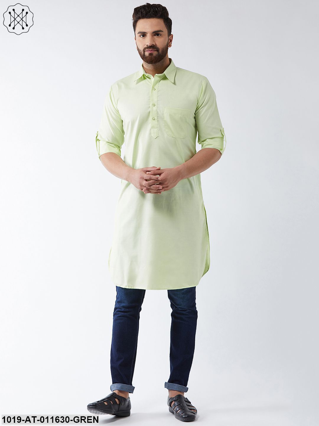 Men's Cotton Light Green Solid Pathani Only Long Kurta