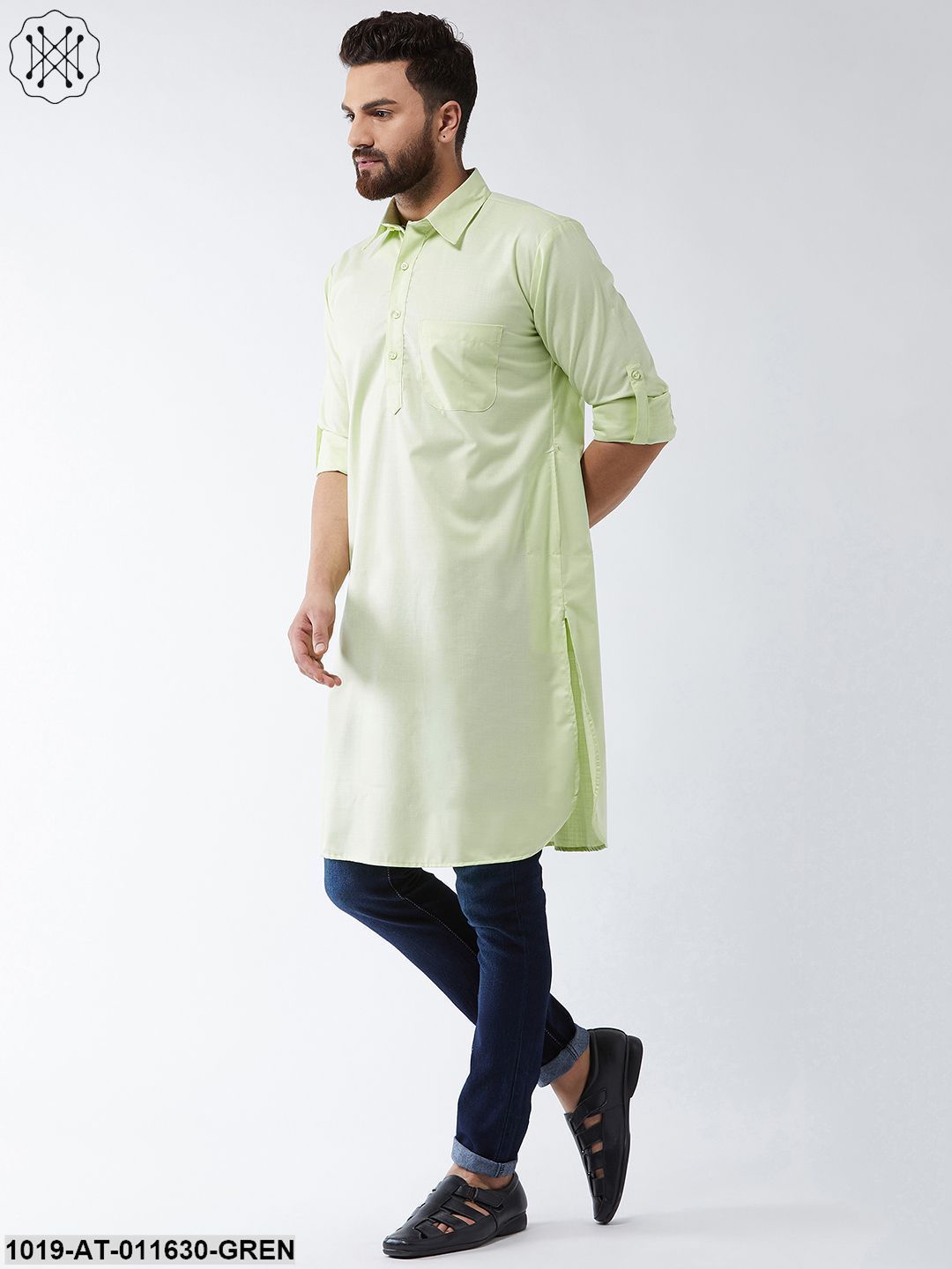Men's Cotton Light Green Solid Pathani Only Long Kurta