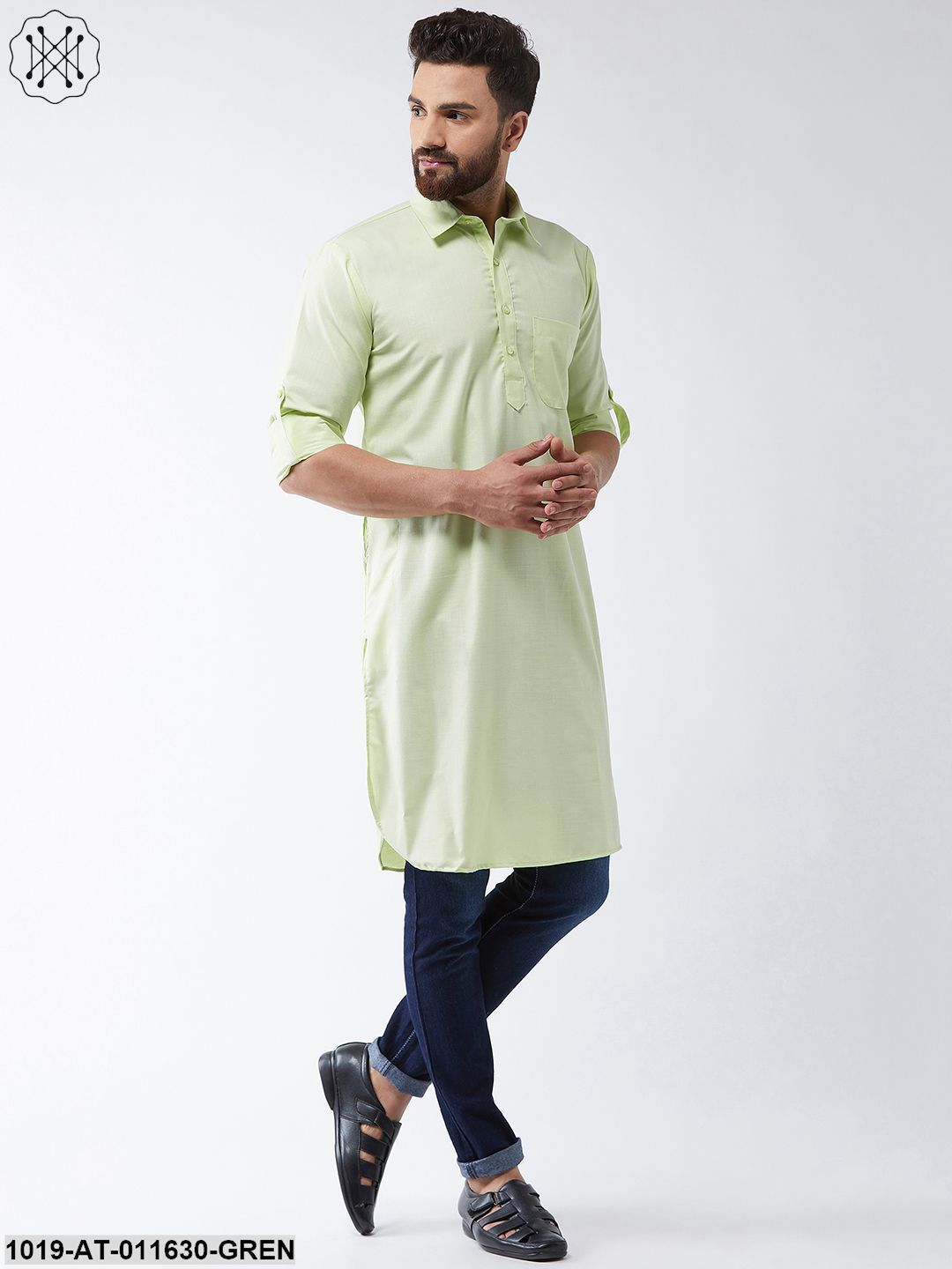 Men's Cotton Light Green Solid Pathani Only Long Kurta