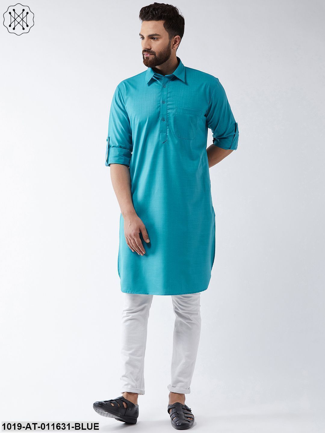 Men's Cotton Peacock Blue Solid Pathani Only Long Kurta