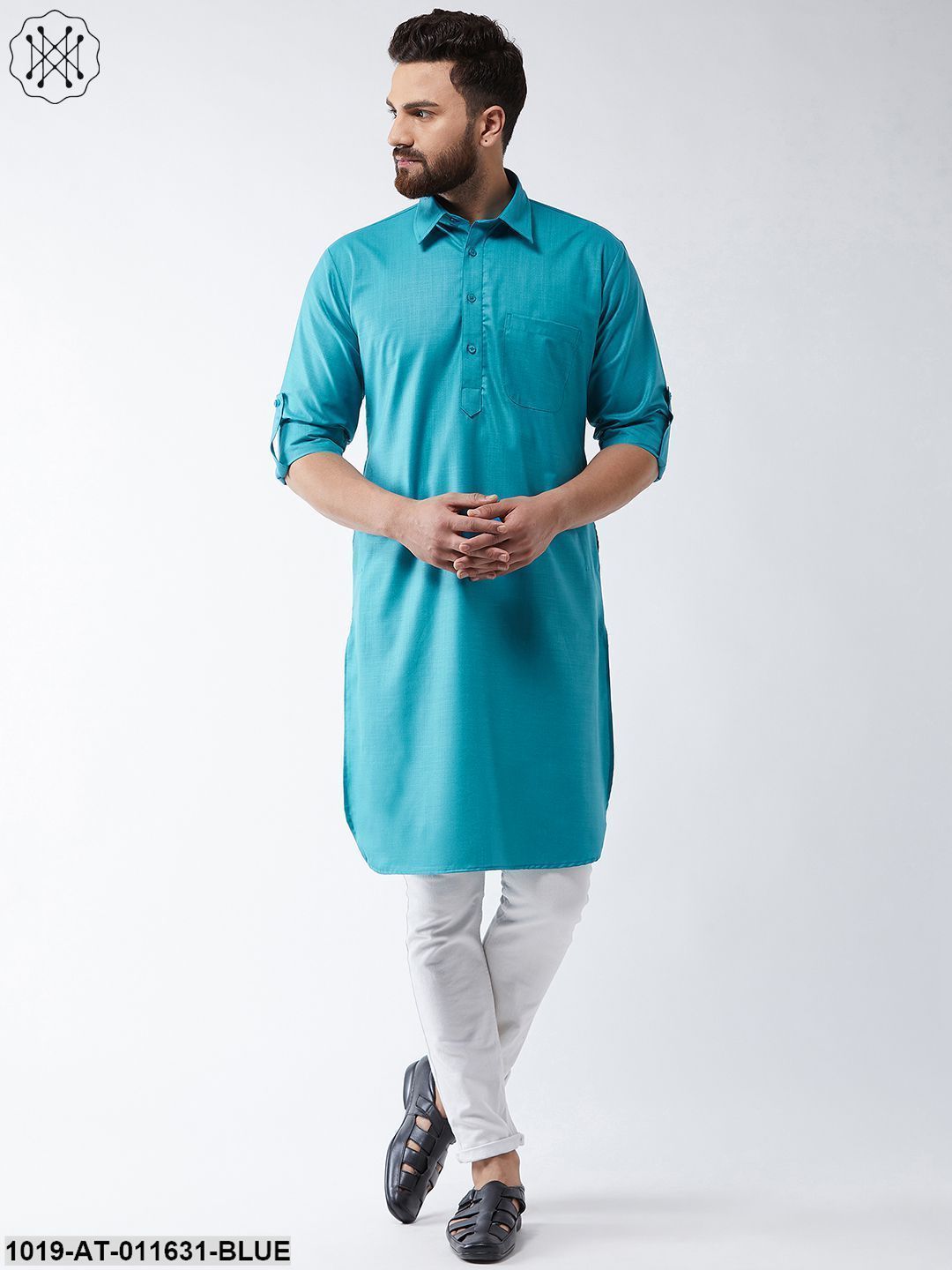 Men's Cotton Peacock Blue Solid Pathani Only Long Kurta