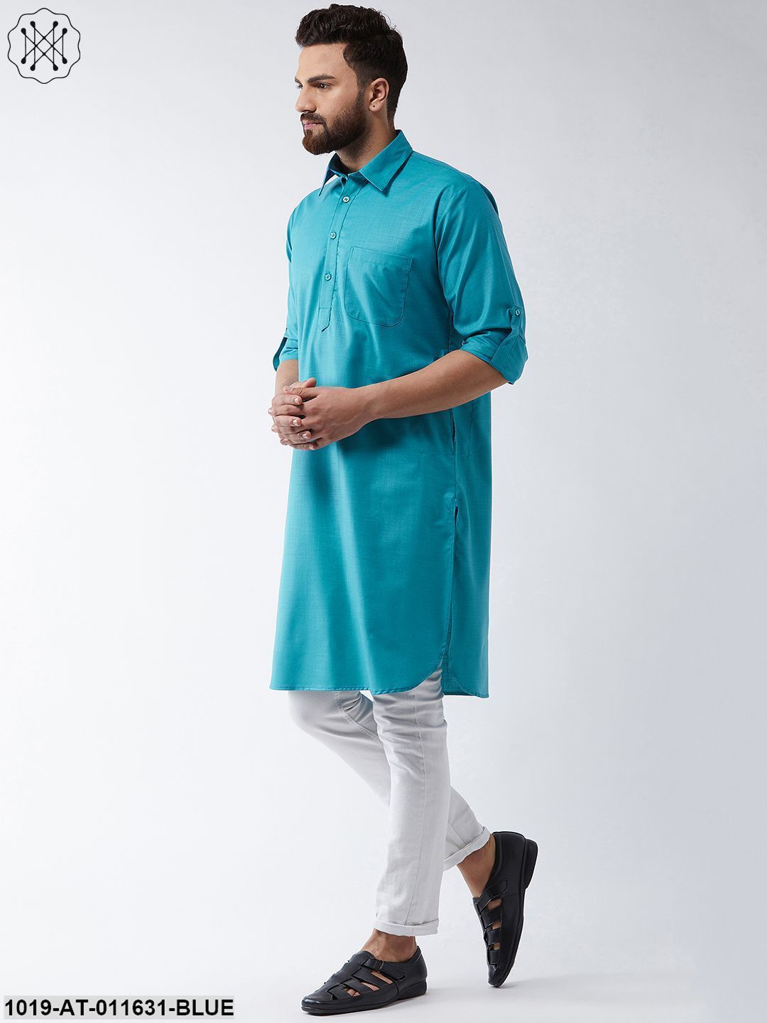 Men's Cotton Peacock Blue Solid Pathani Only Long Kurta