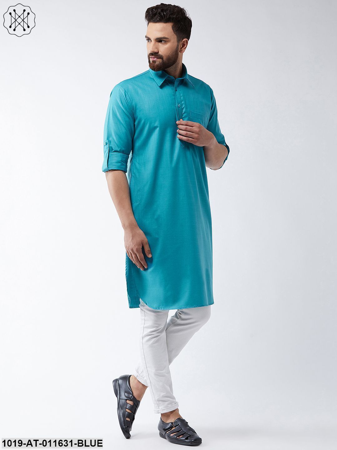 Men's Cotton Peacock Blue Solid Pathani Only Long Kurta
