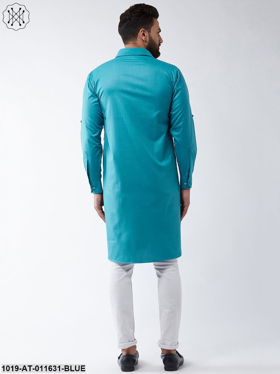 Men's Cotton Peacock Blue Solid Pathani Only Long Kurta