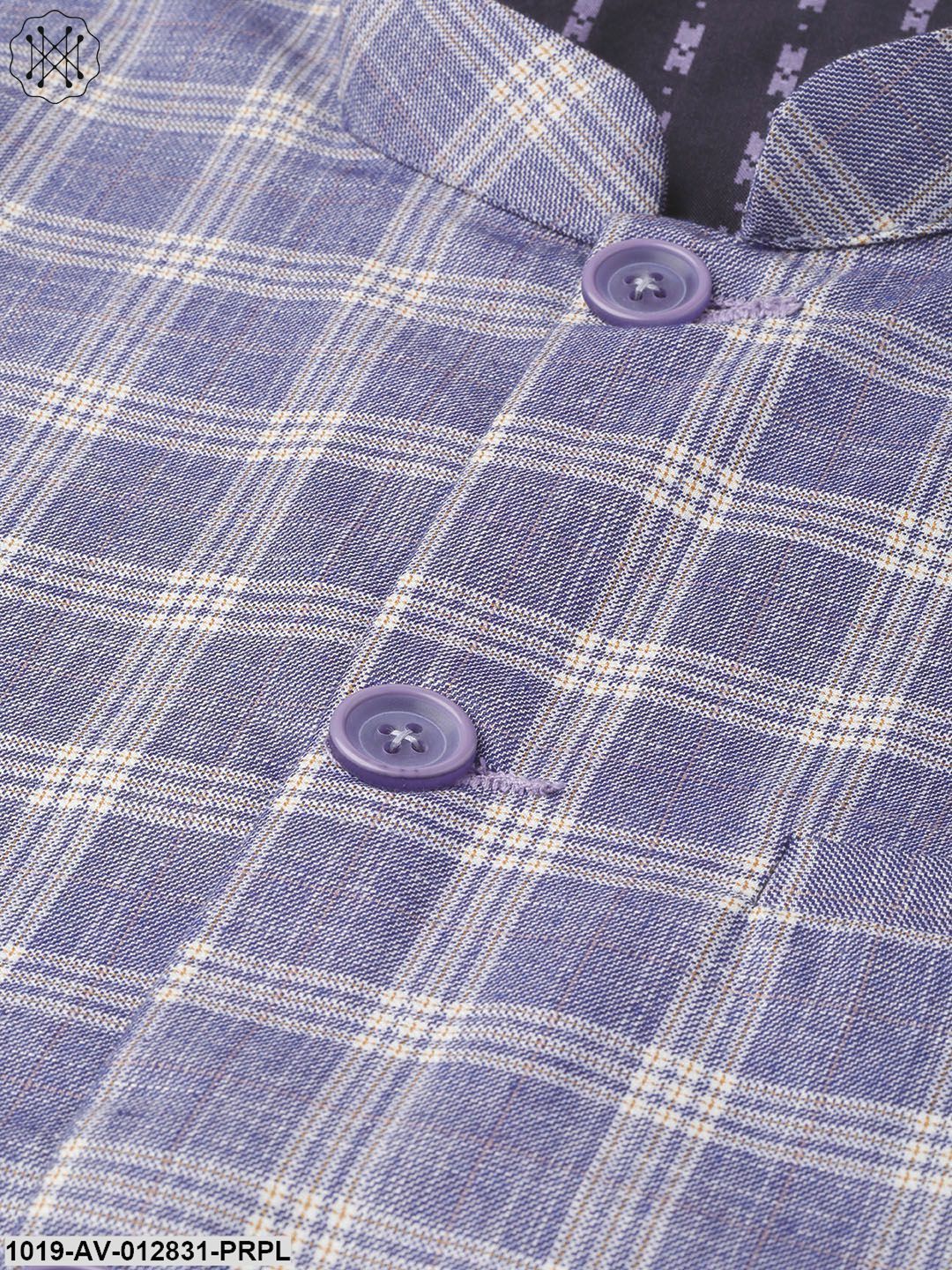 Men's Cotton Blend Purple & Yellow Checked Nehru Jacket - Sojanya