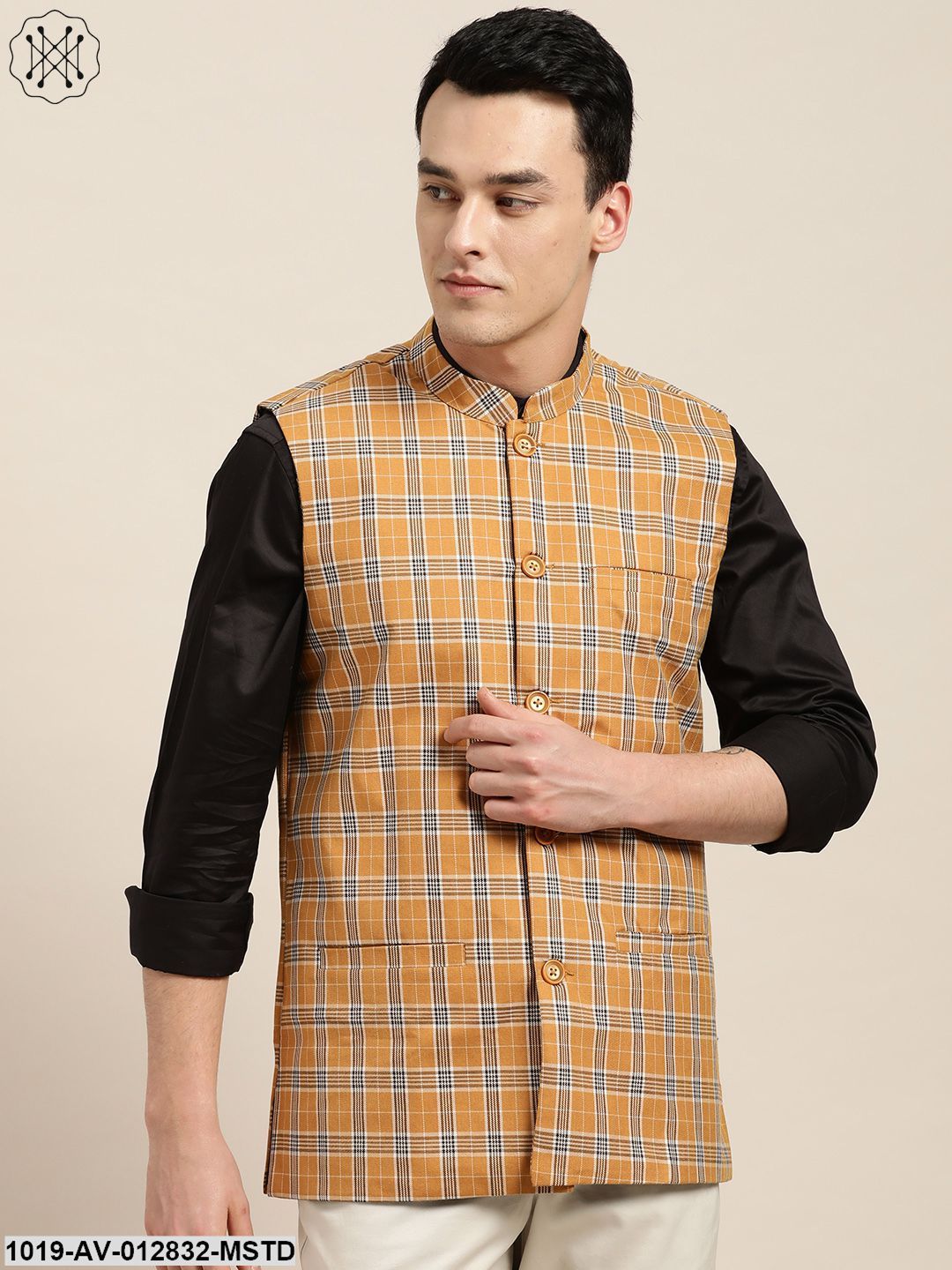Men's Cotton Blend Mustard & Brown Checked Nehru Jacket - Sojanya