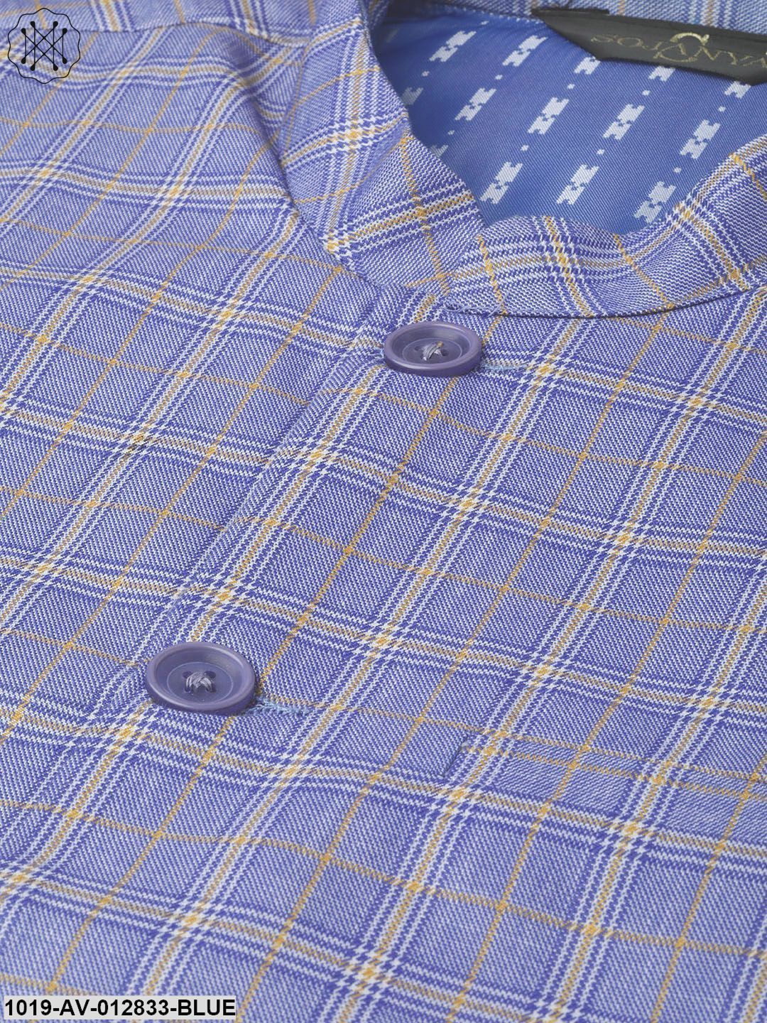 Men's Cotton Blend Blue & Yellow Checked Nehru Jacket - Sojanya