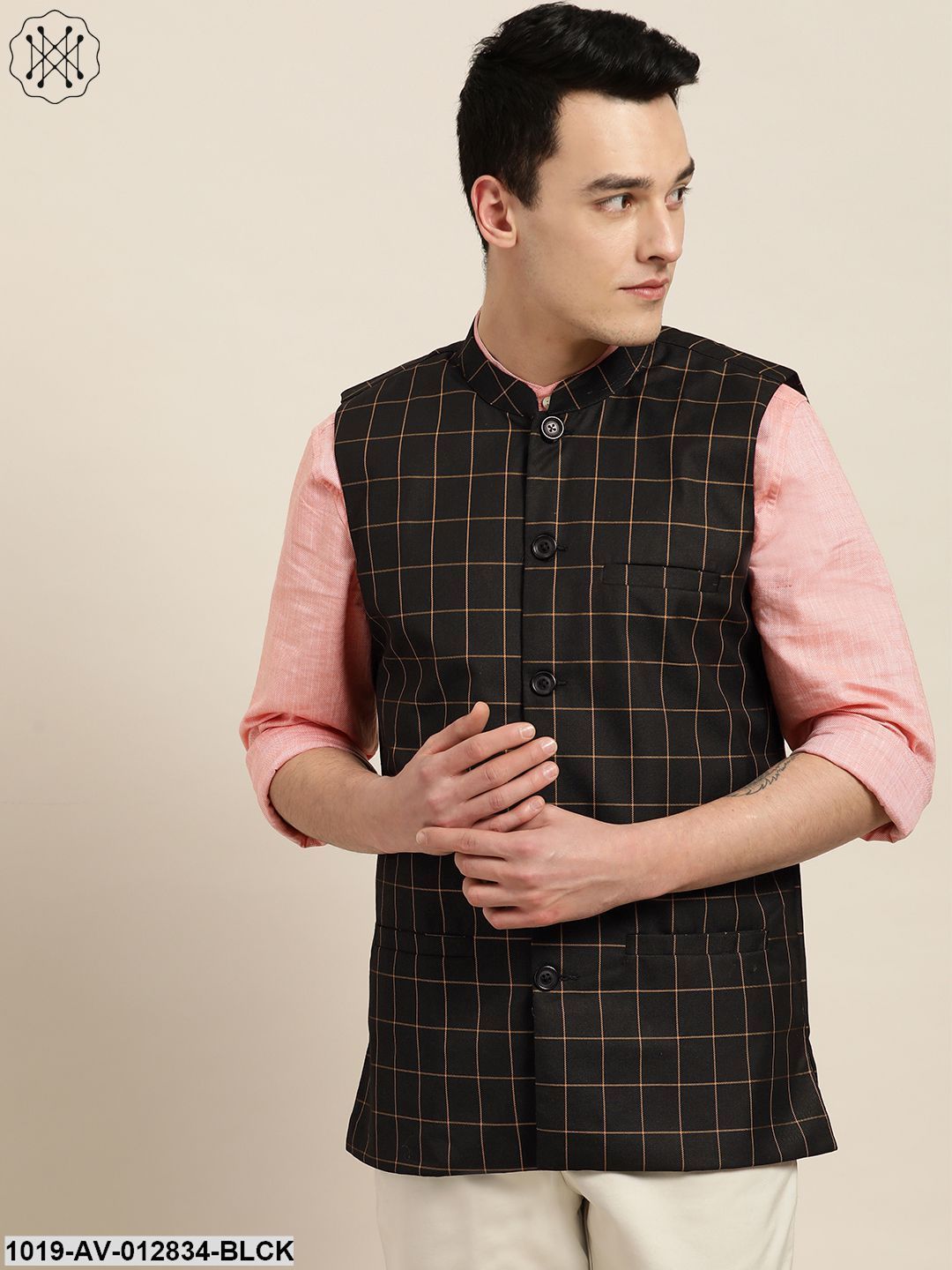 Men's Cotton Blend Black & Mustard Checked Nehru Jacket