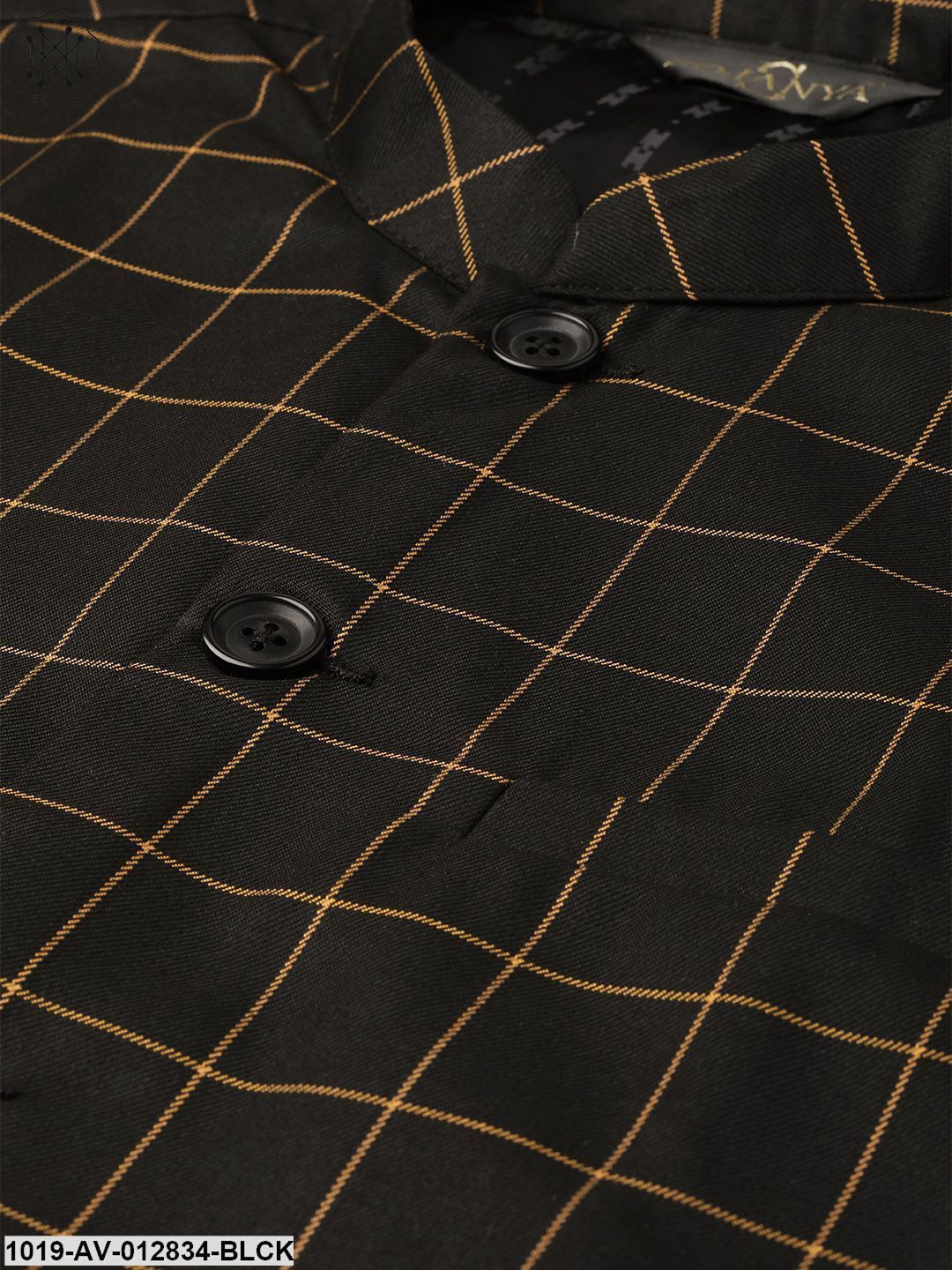 Men's Cotton Blend Black & Mustard Checked Nehru Jacket