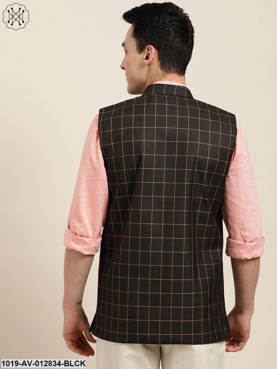 Men's Cotton Blend Black & Mustard Checked Nehru Jacket