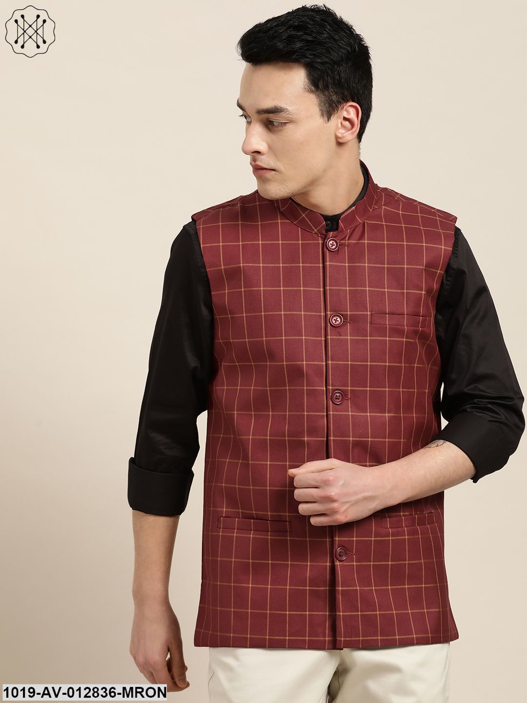 Men's Cotton Blend Maroon & Mustard Checked Nehru Jacket