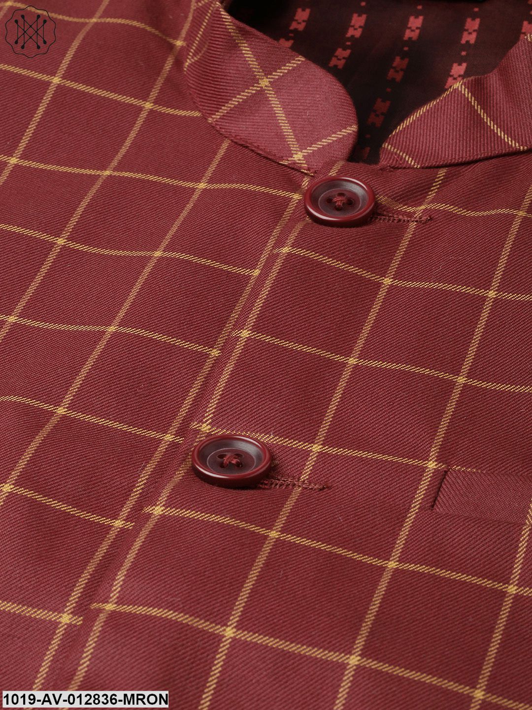 Men's Cotton Blend Maroon & Mustard Checked Nehru Jacket