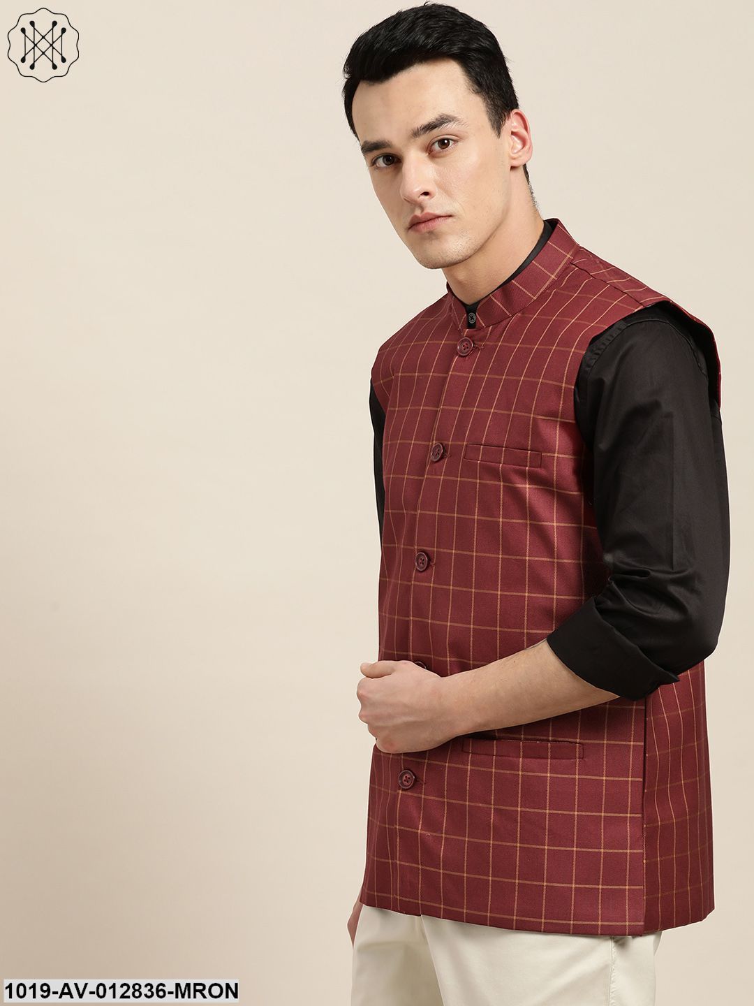 Men's Cotton Blend Maroon & Mustard Checked Nehru Jacket