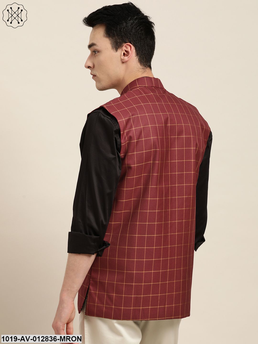 Men's Cotton Blend Maroon & Mustard Checked Nehru Jacket