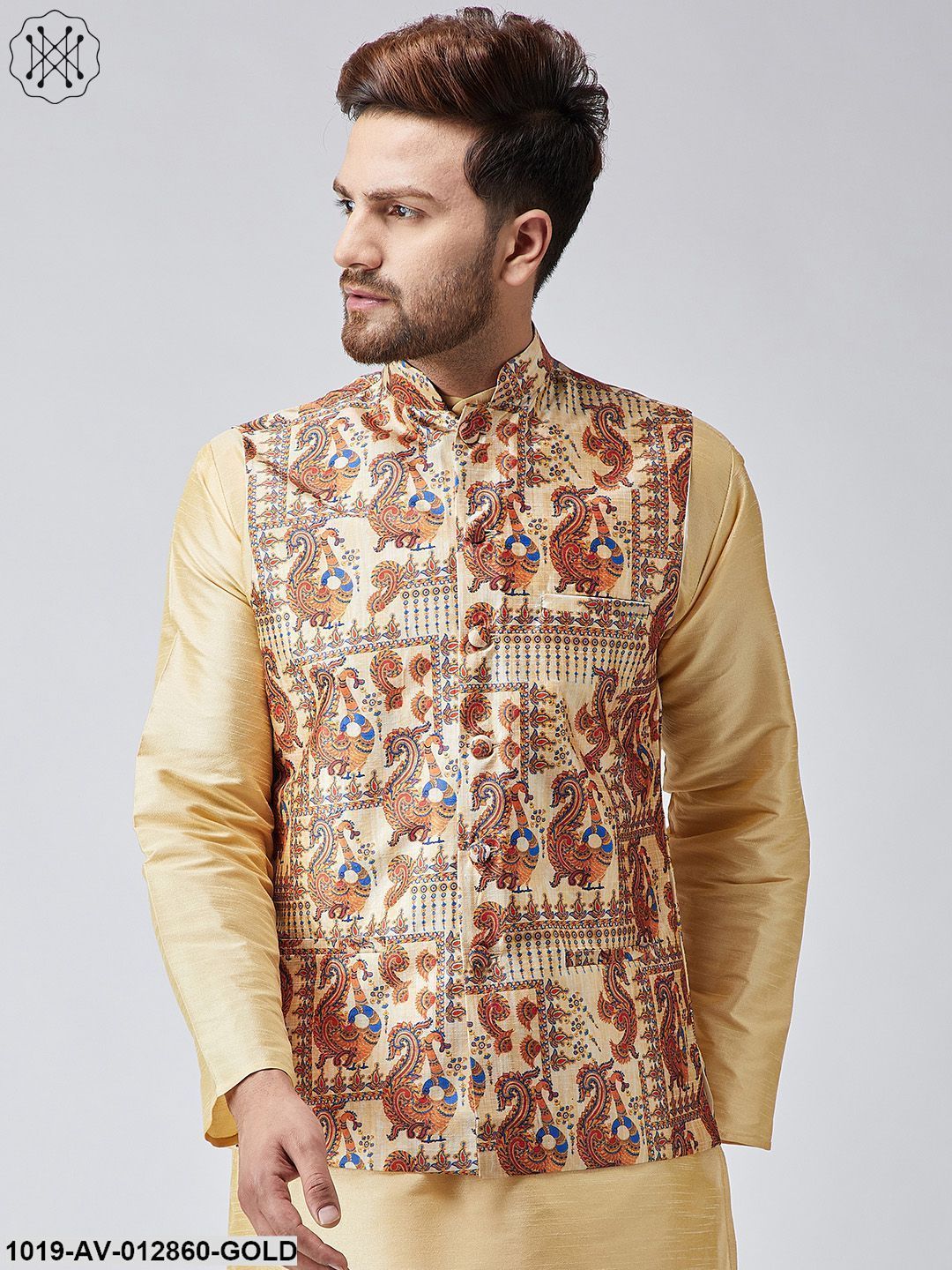 Men's Gold Printed Nehru Jacket