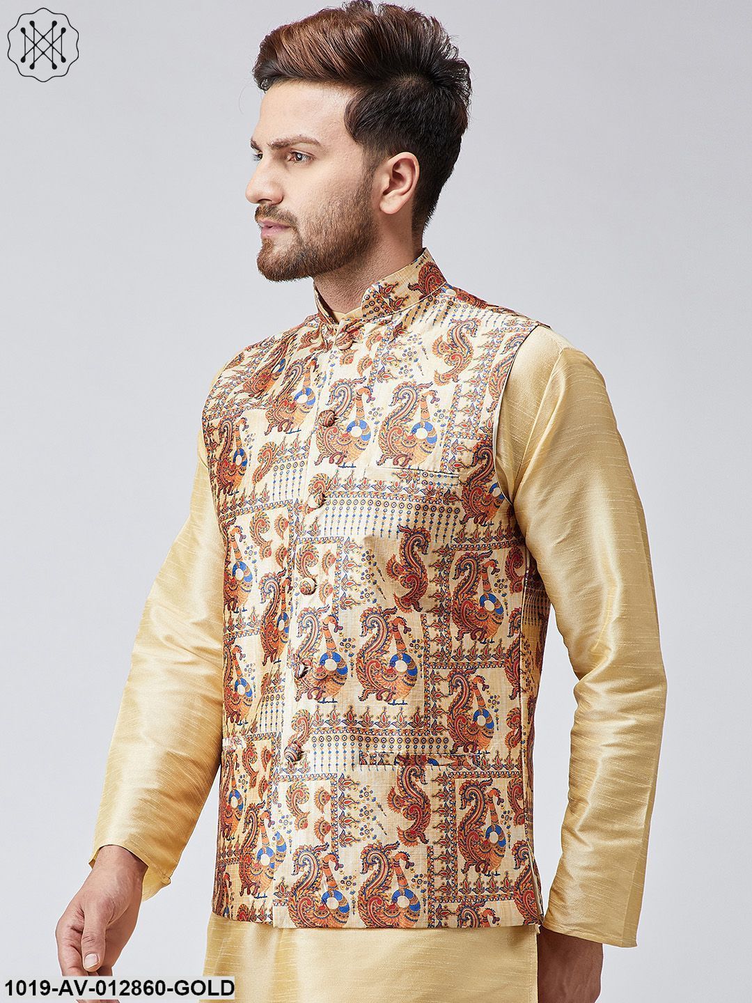Men's Gold Printed Nehru Jacket