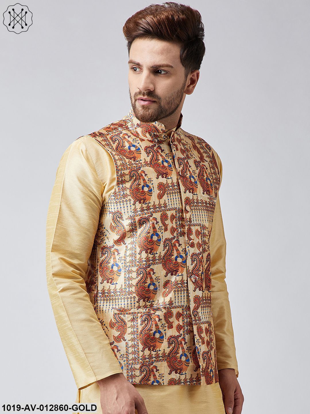 Men's Gold Printed Nehru Jacket
