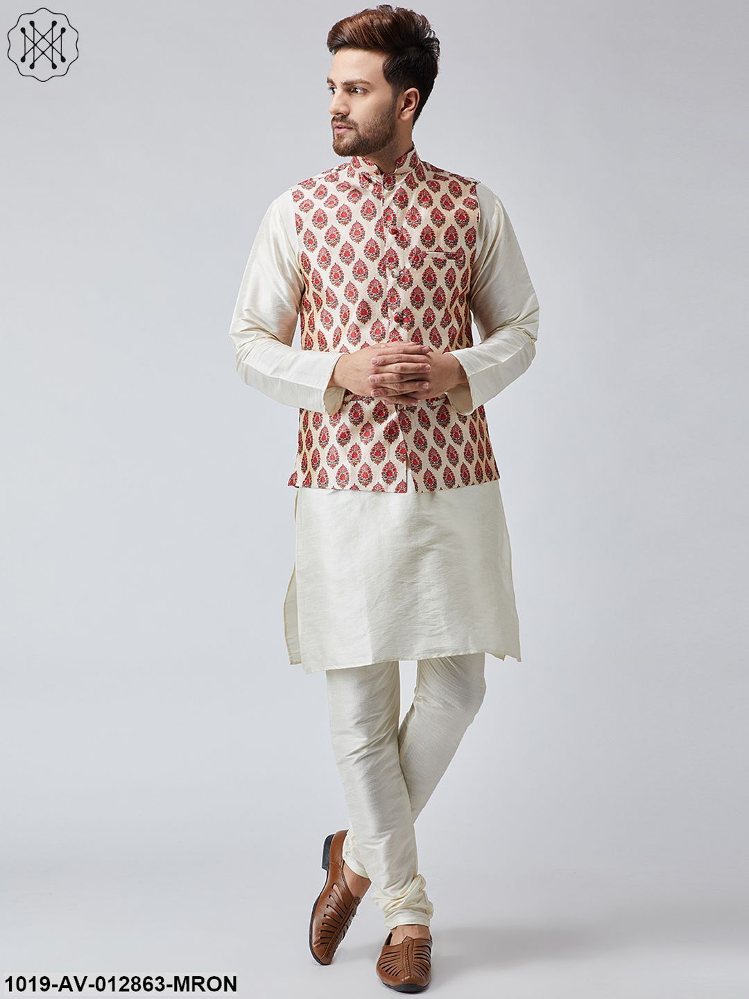 Men's Maroon Printed Nehru Jacket - Sojanya