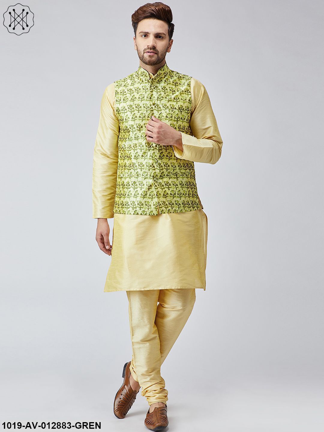 Men's Lime Green Printed Nehru Jacket - Sojanya