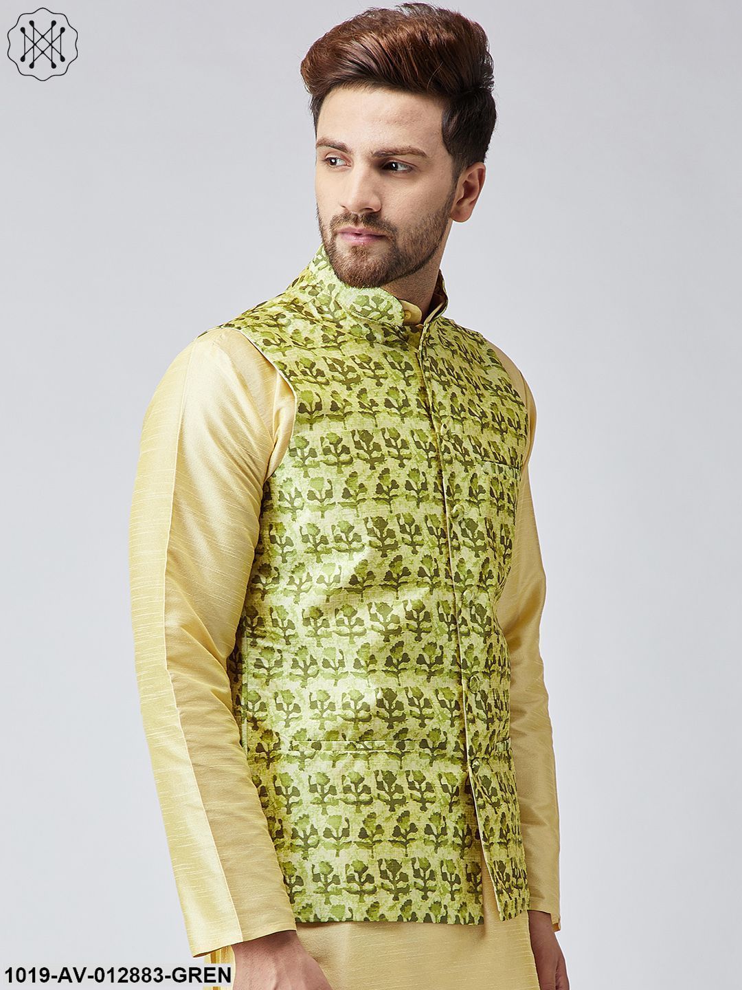 Men's Lime Green Printed Nehru Jacket - Sojanya