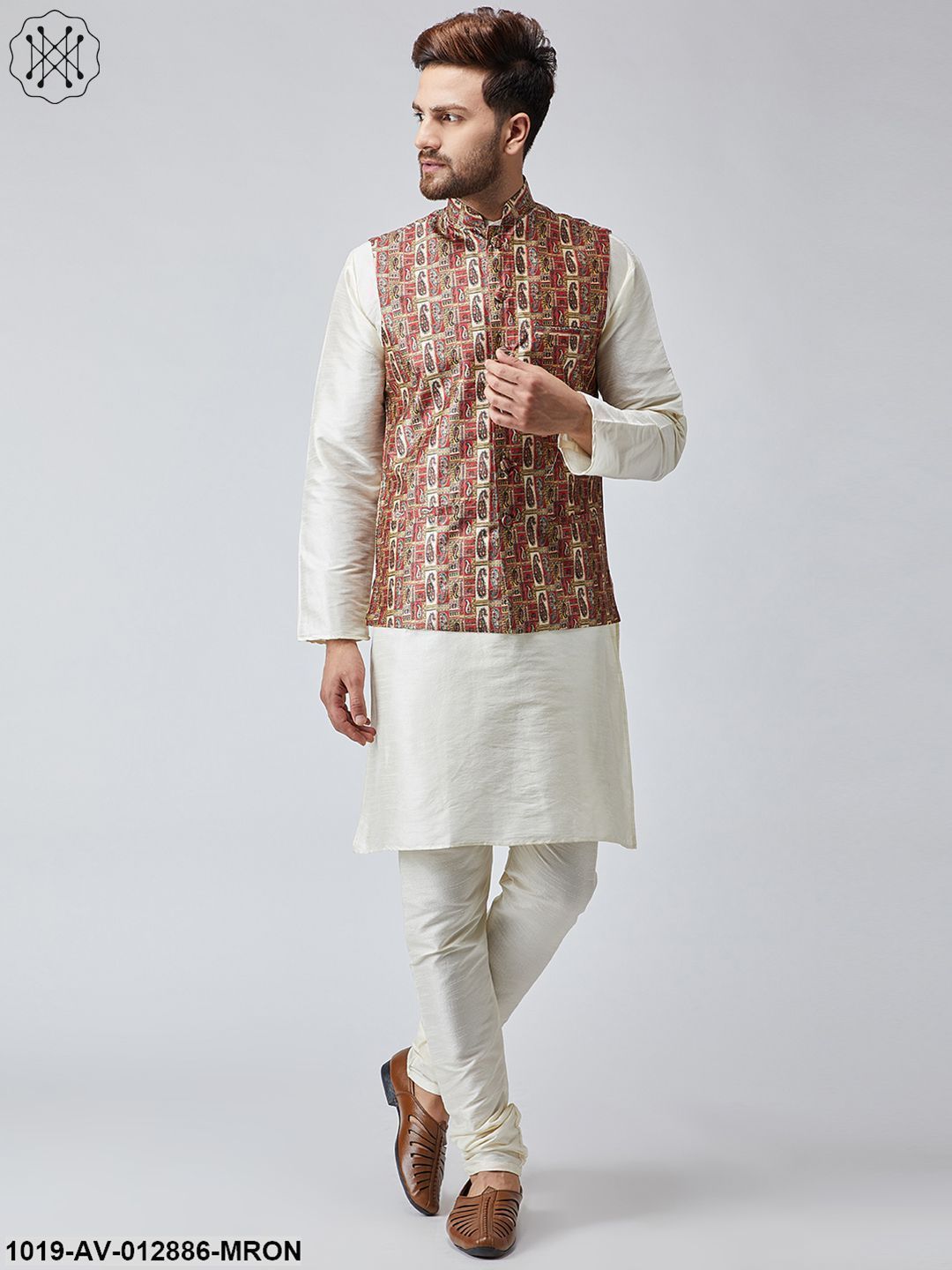Men's Maroon Printed Nehru Jacket - Sojanya