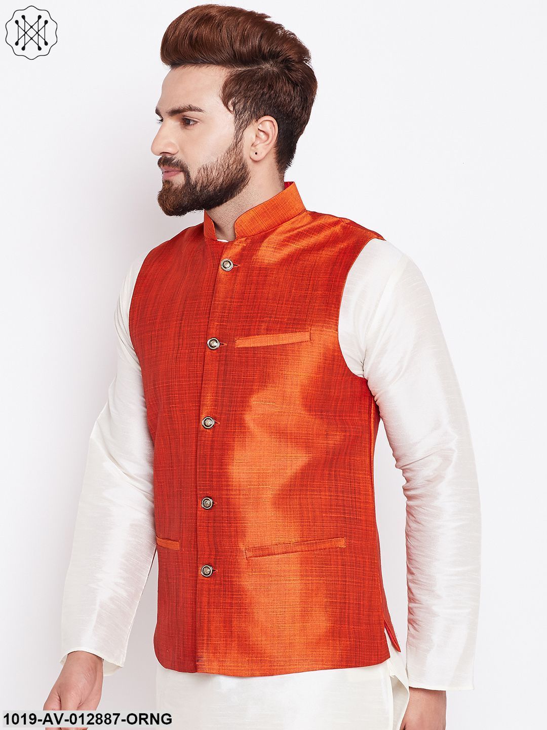 Men's Silk Blend Dark Orange Nehrujacket