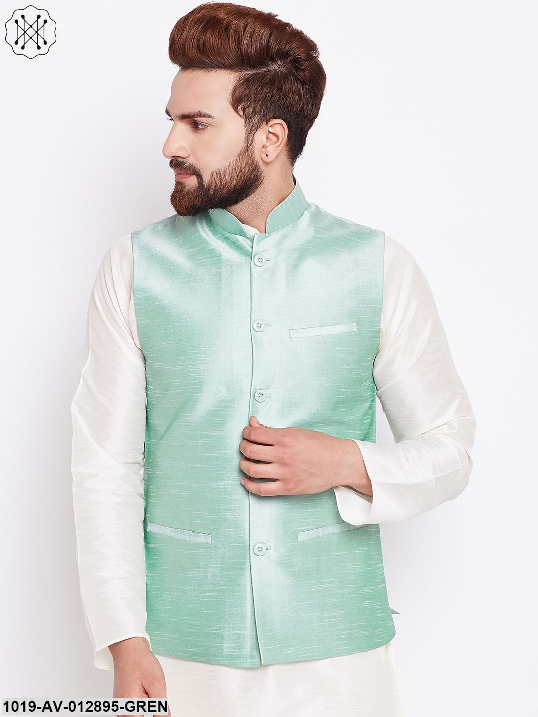 Men's Silk Blend Green Nehrujacket - Sojanya