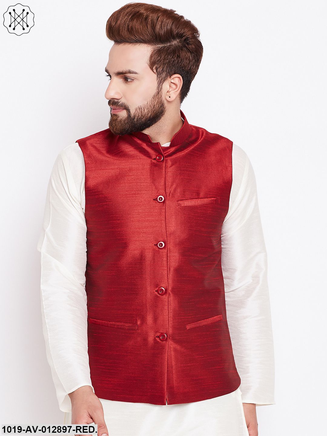Men's Silk Blend Red Nehrujacket