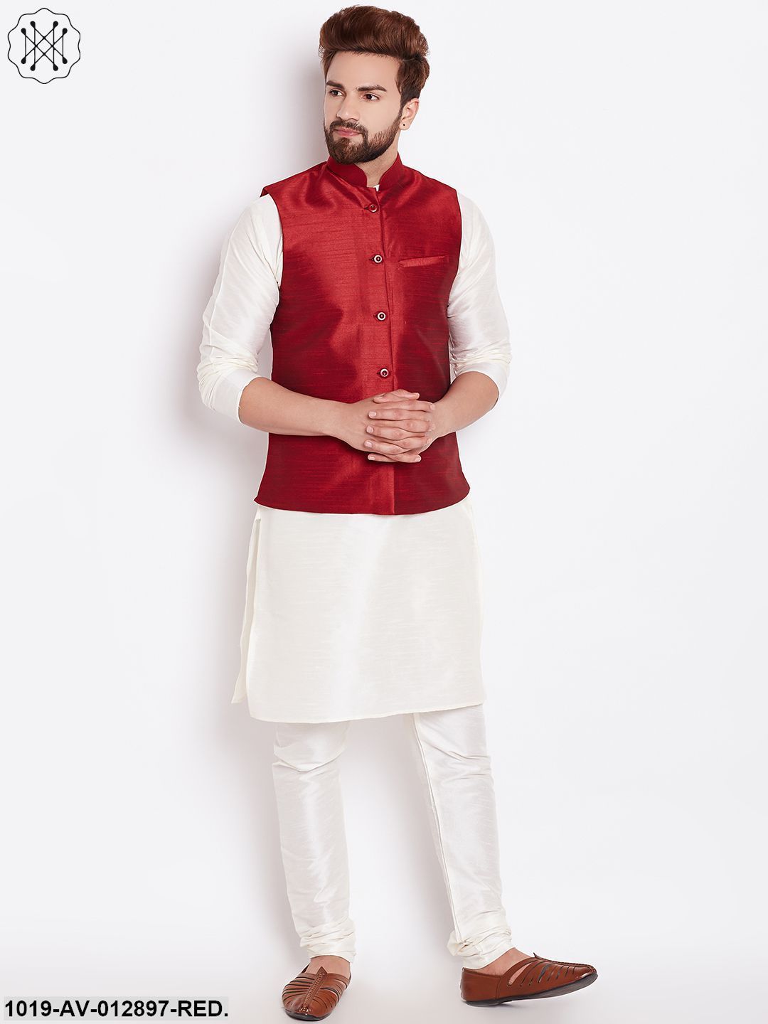 Men's Silk Blend Red Nehrujacket