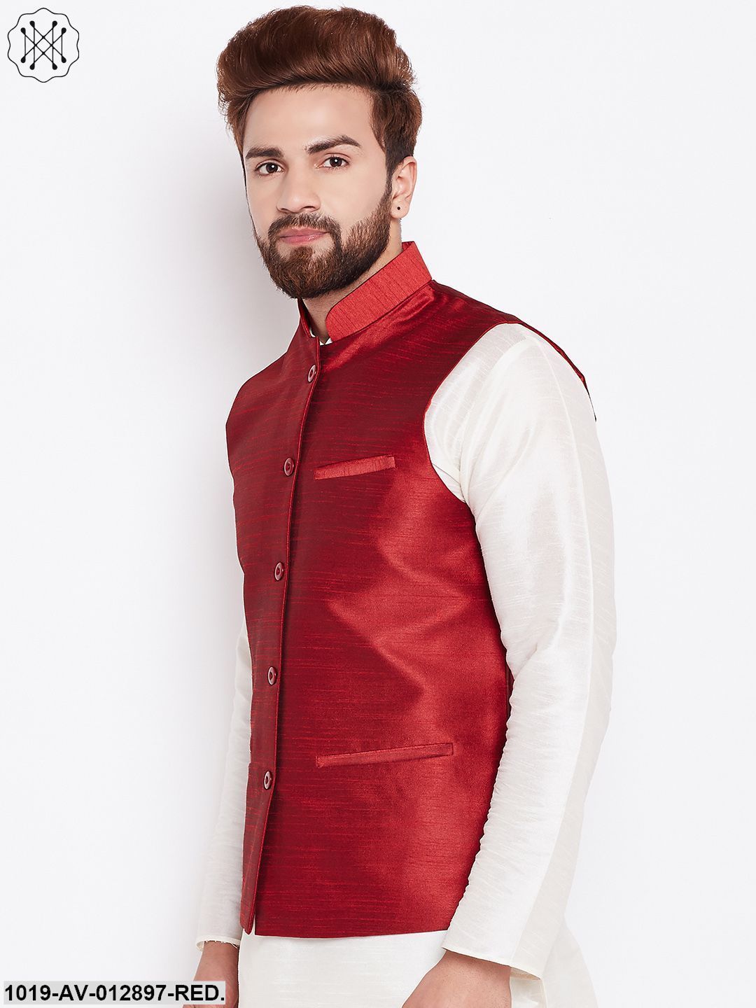 Men's Silk Blend Red Nehrujacket