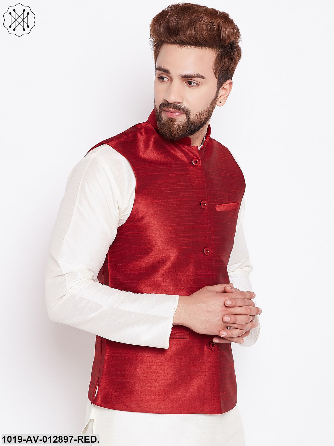 Men's Silk Blend Red Nehrujacket