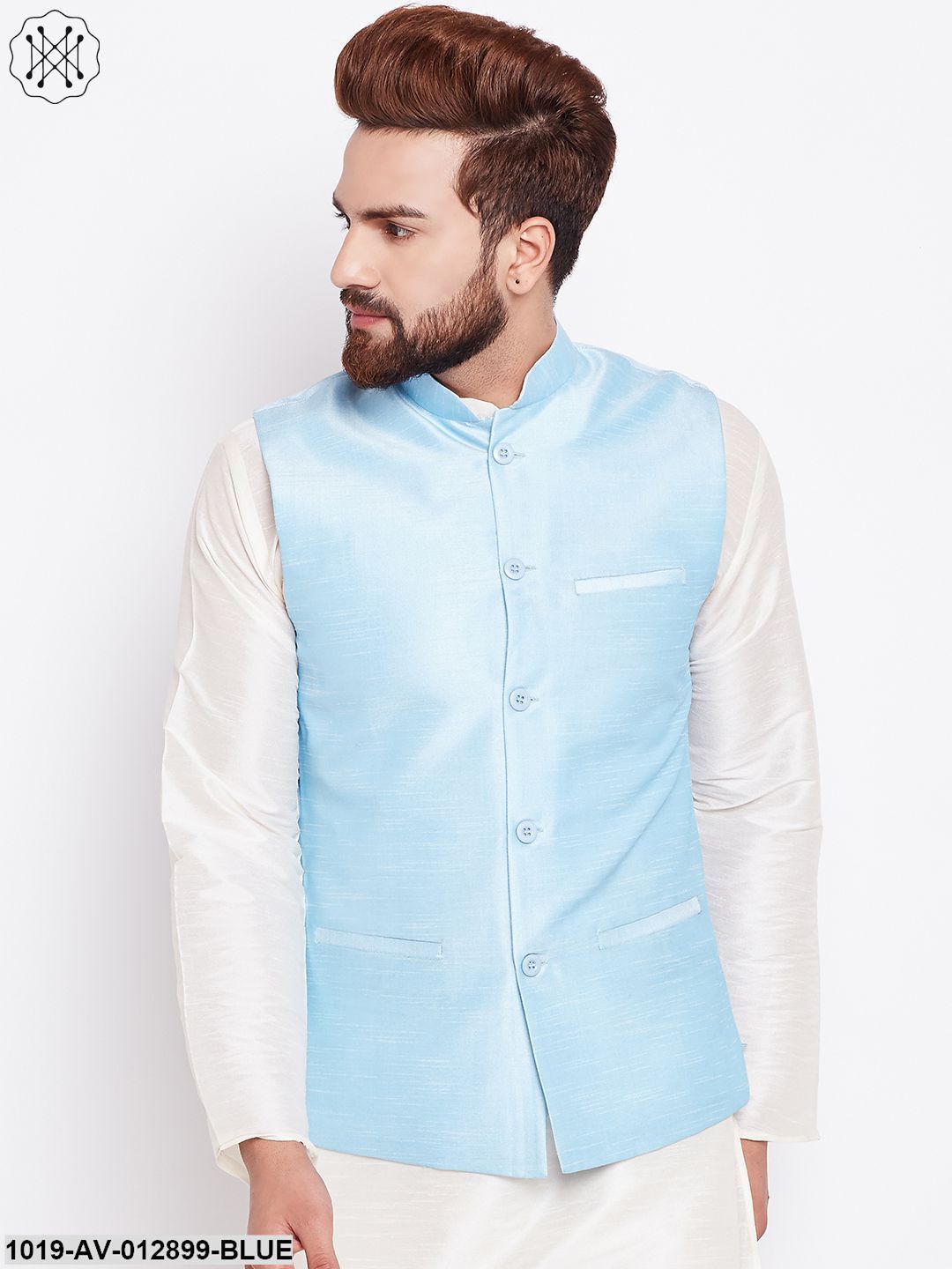 Men's Silk Blend Turquoise Blue Nehrujacket