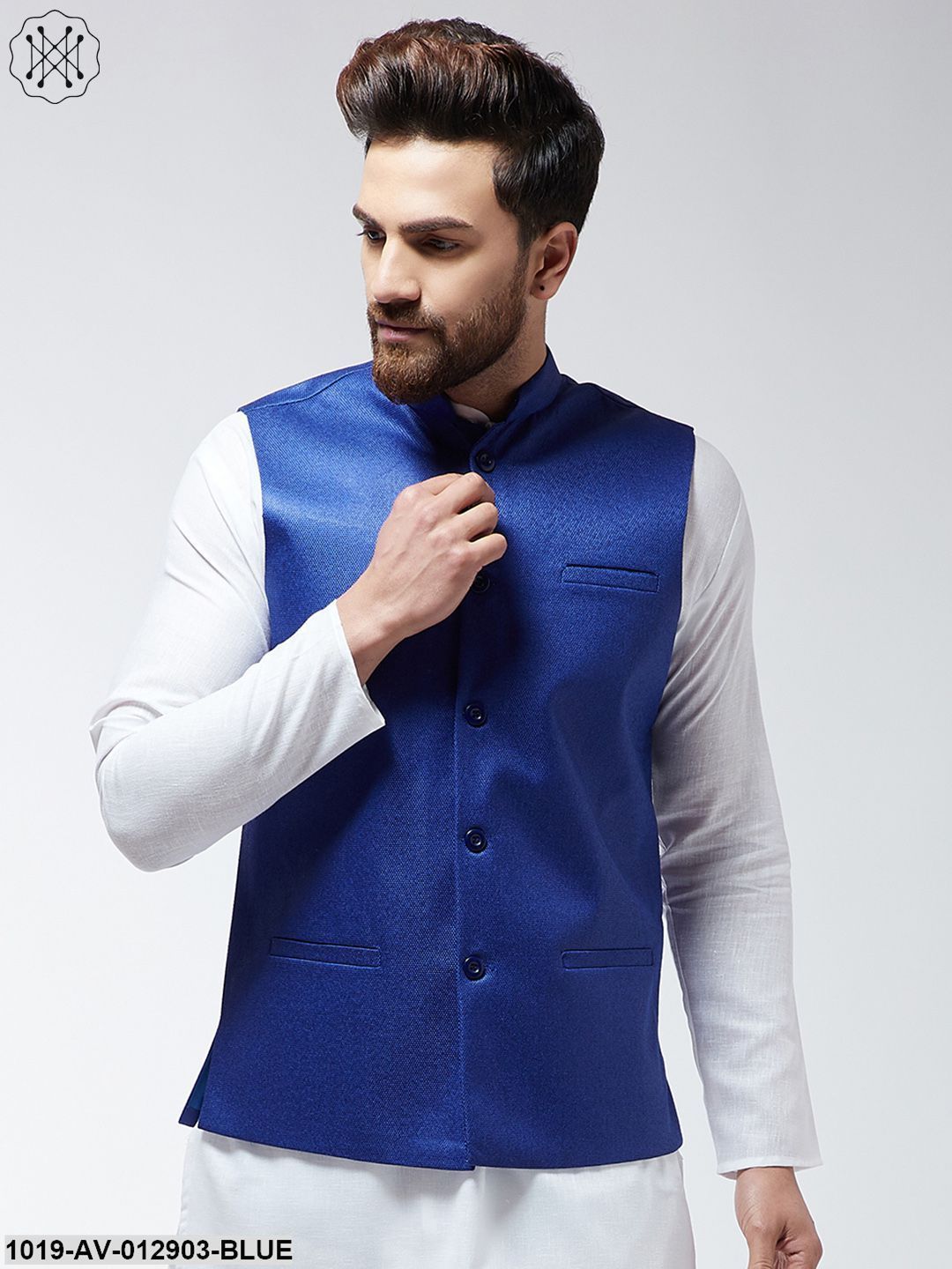 Men's Jute Cotton Royal Blue Only Nehrujacket
